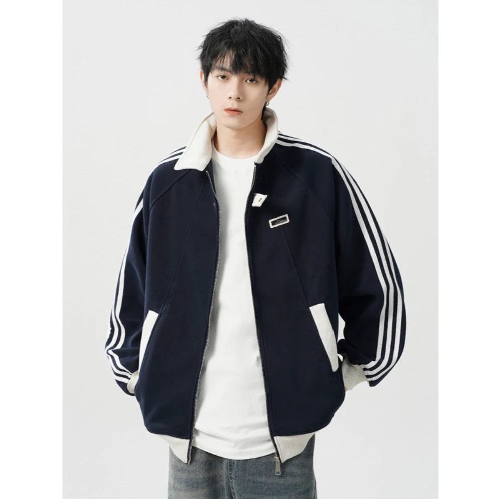 条纹拼接日系复古拼接立领夹克套装长袖秋冬春季运动