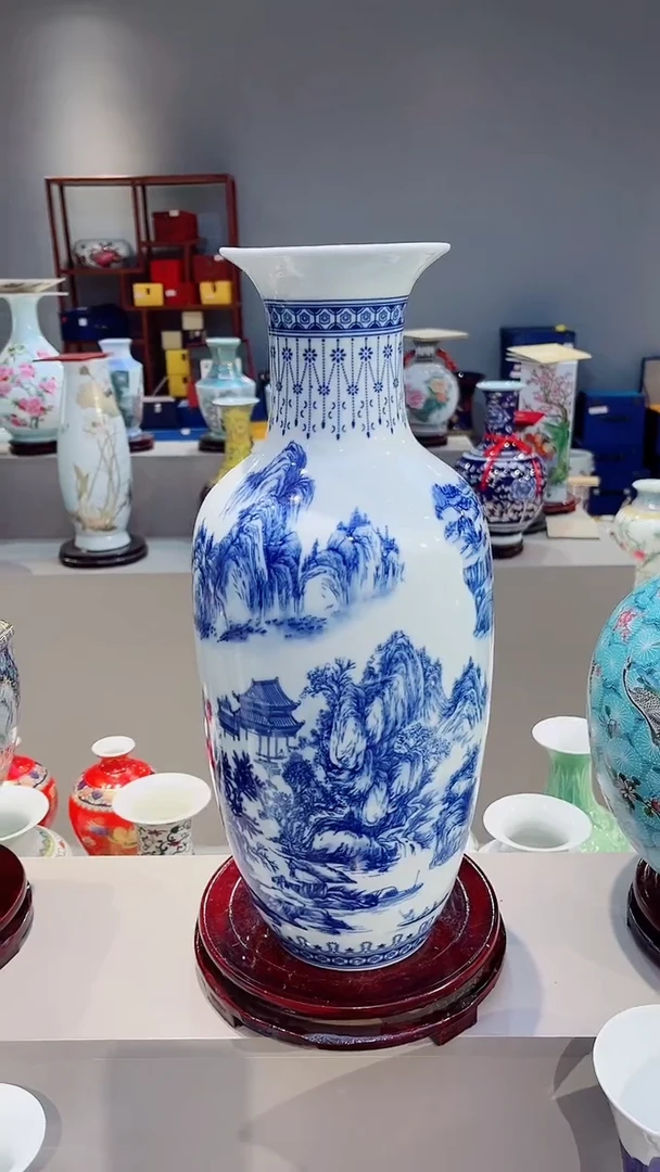 摆件景德镇陶瓷青花山水冬瓜瓶45cm