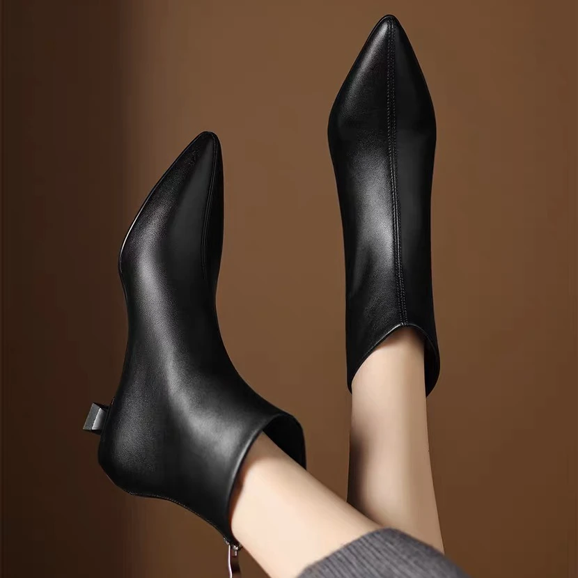 气质羊皮断码清仓短靴女细跟2025秋冬季法式百搭低跟尖头瘦瘦靴子