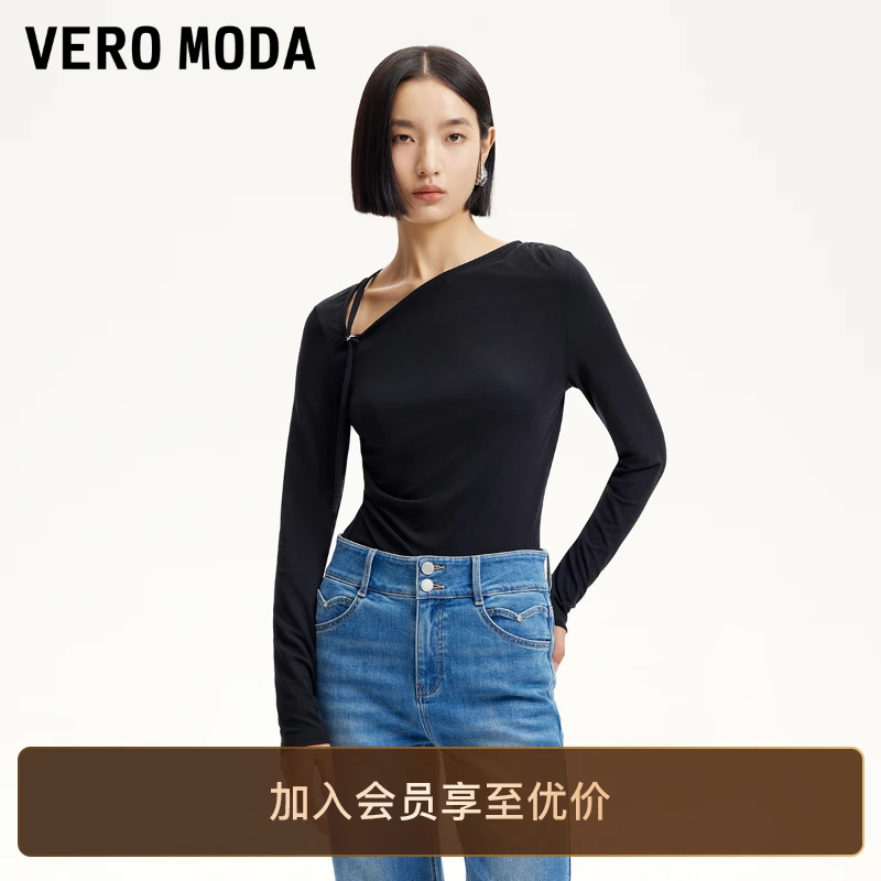 Vero Moda商场同款新品T恤斜肩可调节系带收腰褶皱洋气衣服女游