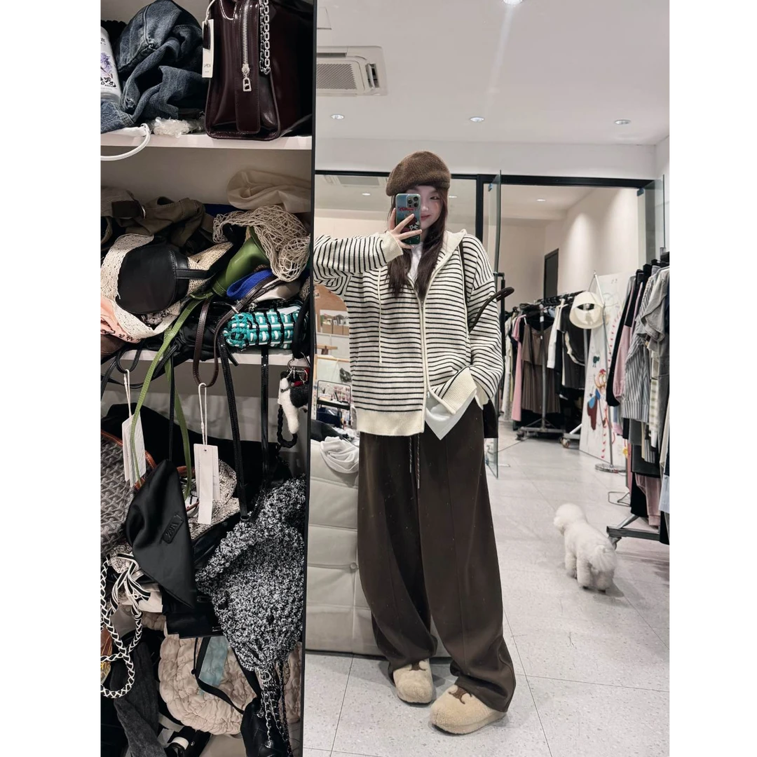 晶咕【条纹启示录】慵懒感撞色条纹连帽后针织开衫外套