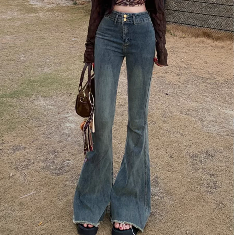 〖猫姐衣橱〗早春新款时尚做旧港风大喇叭腿洋气牛仔裤0127