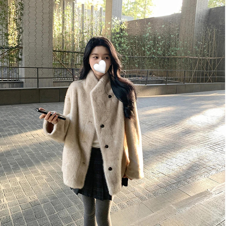 秋冬新款气质仿水貂毛皮毛一体毛茸茸环保毛毛加厚保暖短外套女