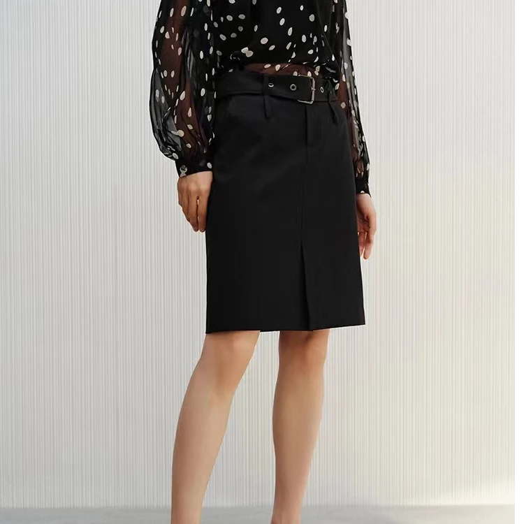 2025艾诺丝同款气质半身裙高腰黑色百搭开叉
