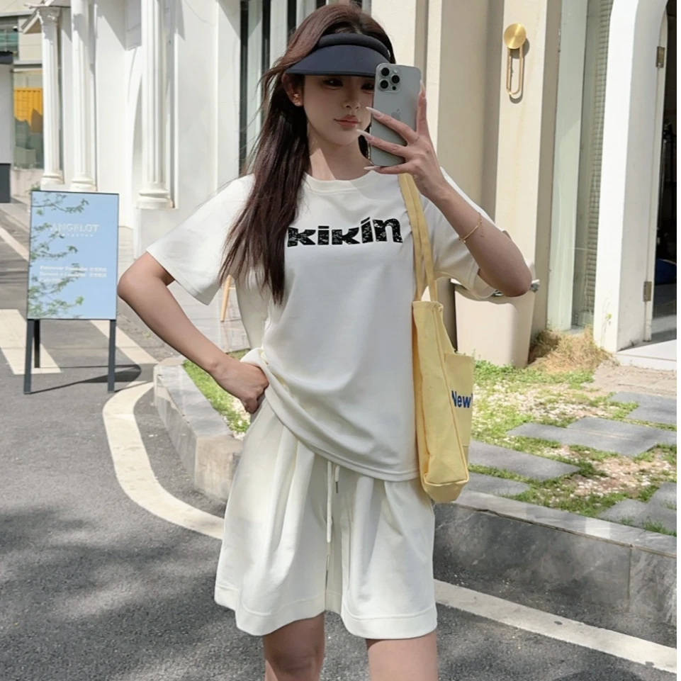 2025夏季新款透气休闲宽松款字母上衣显瘦短裤运动风套装x2563