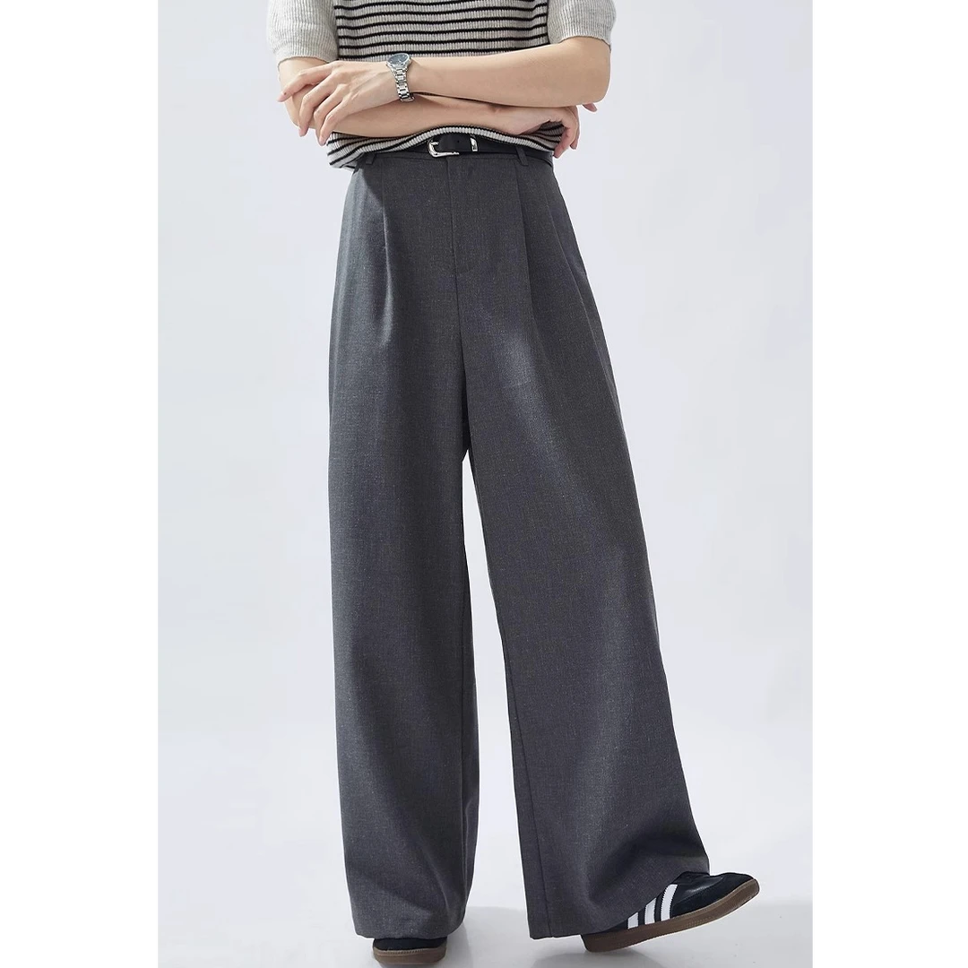 GUIER/桂儿深灰色西装休闲裤女高腰显瘦百搭垂感直筒阔腿裤G2545