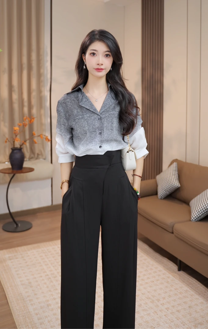 【粤粤】浅银色渐变衬衫2025夏季新款女温柔显瘦单穿设计感上衣