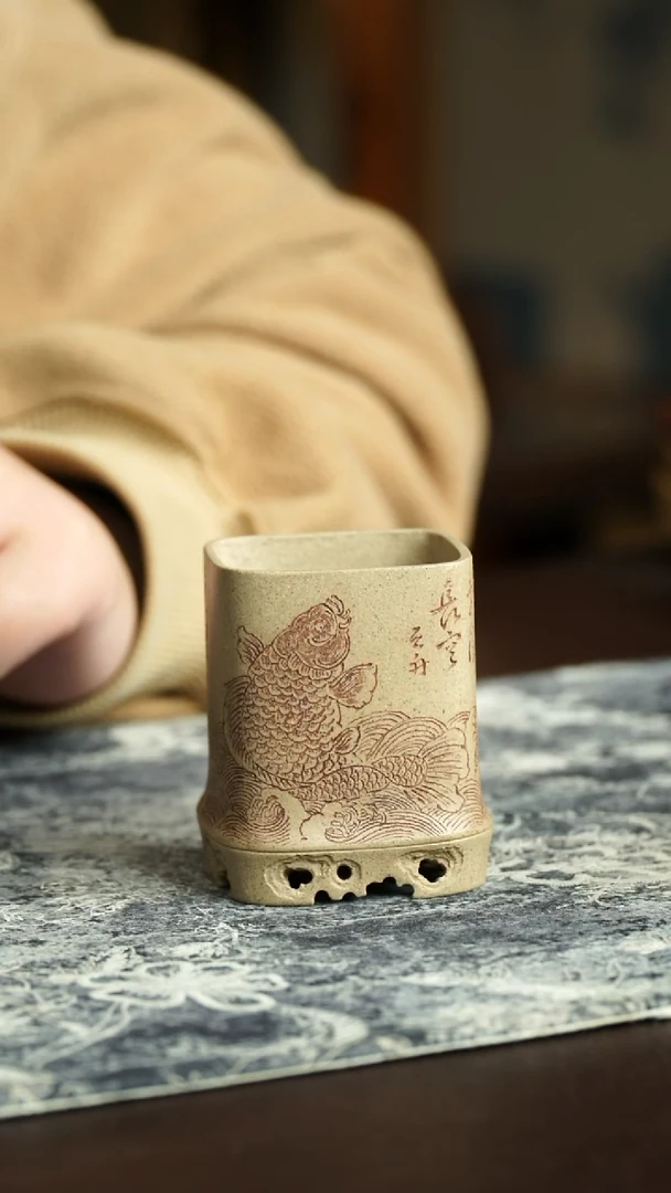 茶杯紫砂30号 新品特惠 鱼跃龙门四方竹节杯 宜兴紫砂原矿作品