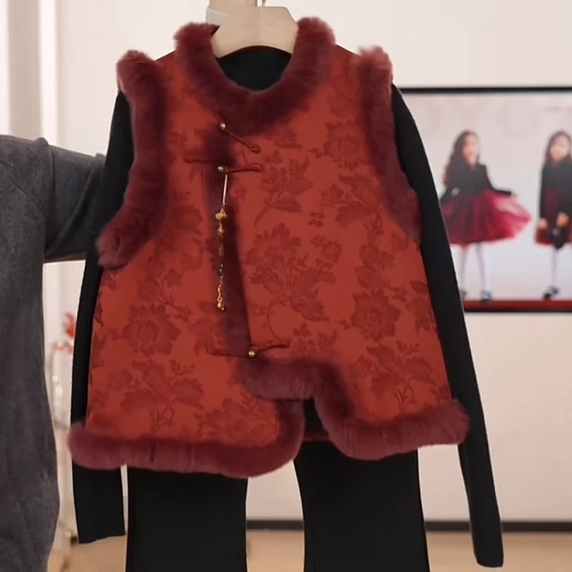 新中式国风亲子装母女装儿童套装拜年服加厚夹棉女童冬装背心裙