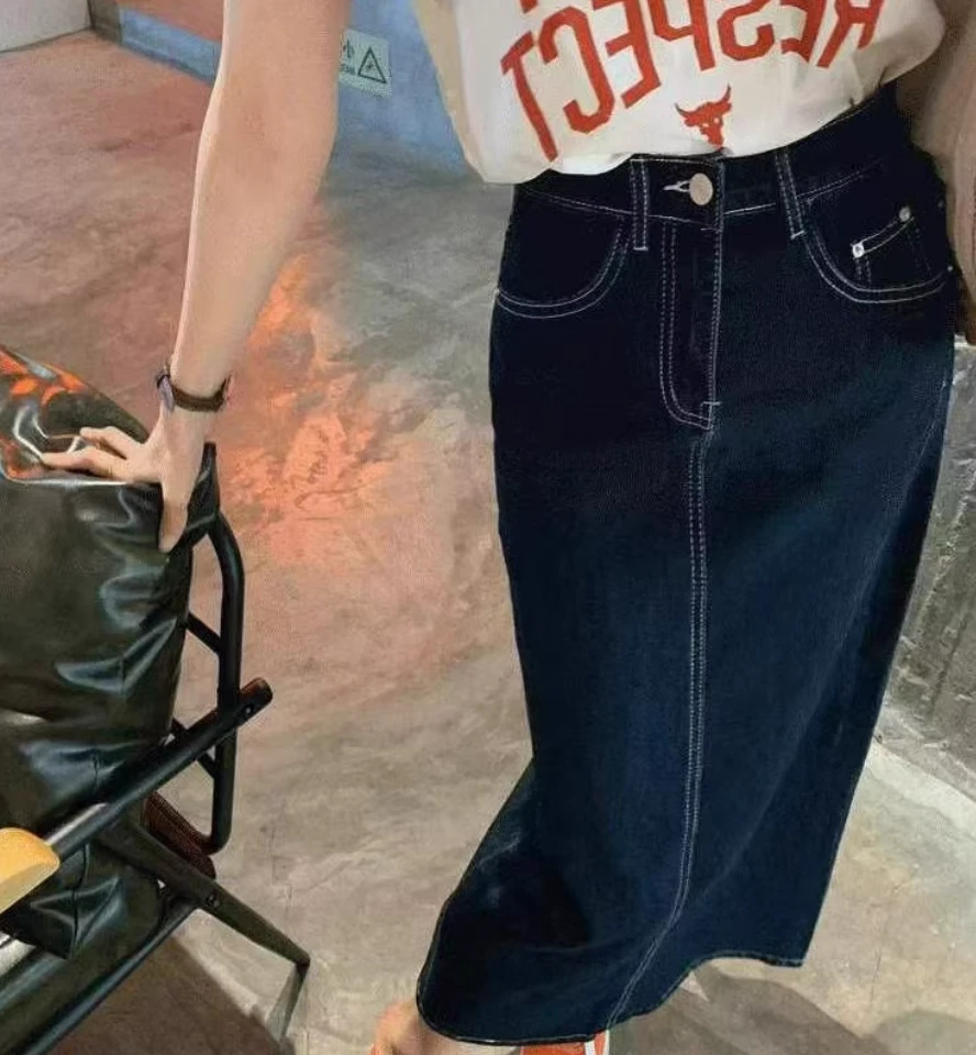 深蓝色开叉牛仔半身裙女夏季大码高腰遮胯梨型身材中长款A字裙