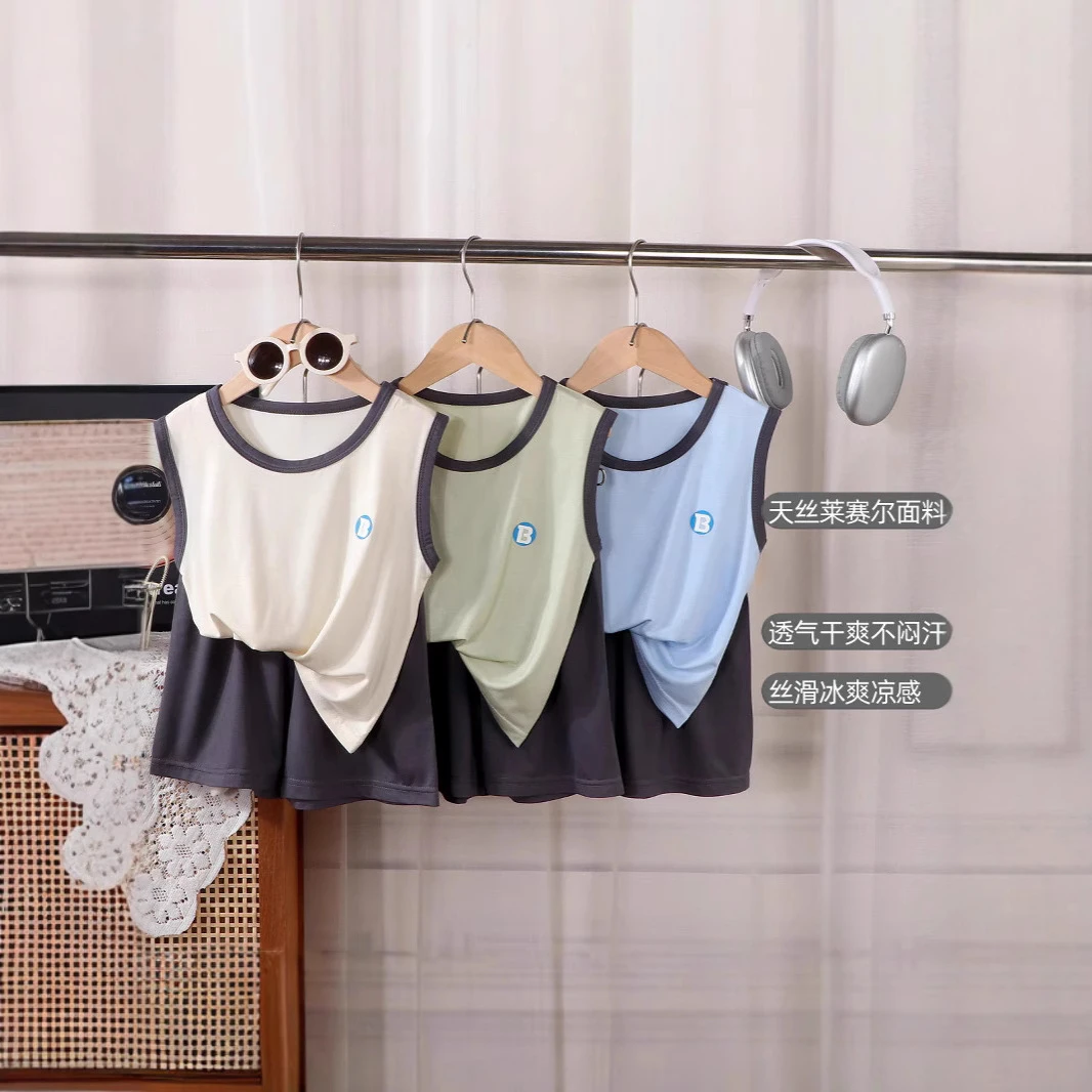 夏季男童女童夏季天丝莱赛尔宝宝中小童大童家居服背心短裤套装