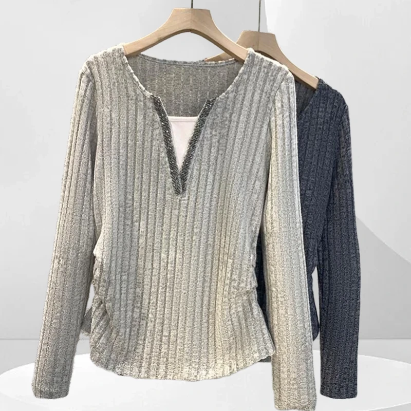 打底衫女2025秋冬休闲假两件拼接V领设计感烫钻修身长袖百搭上衣