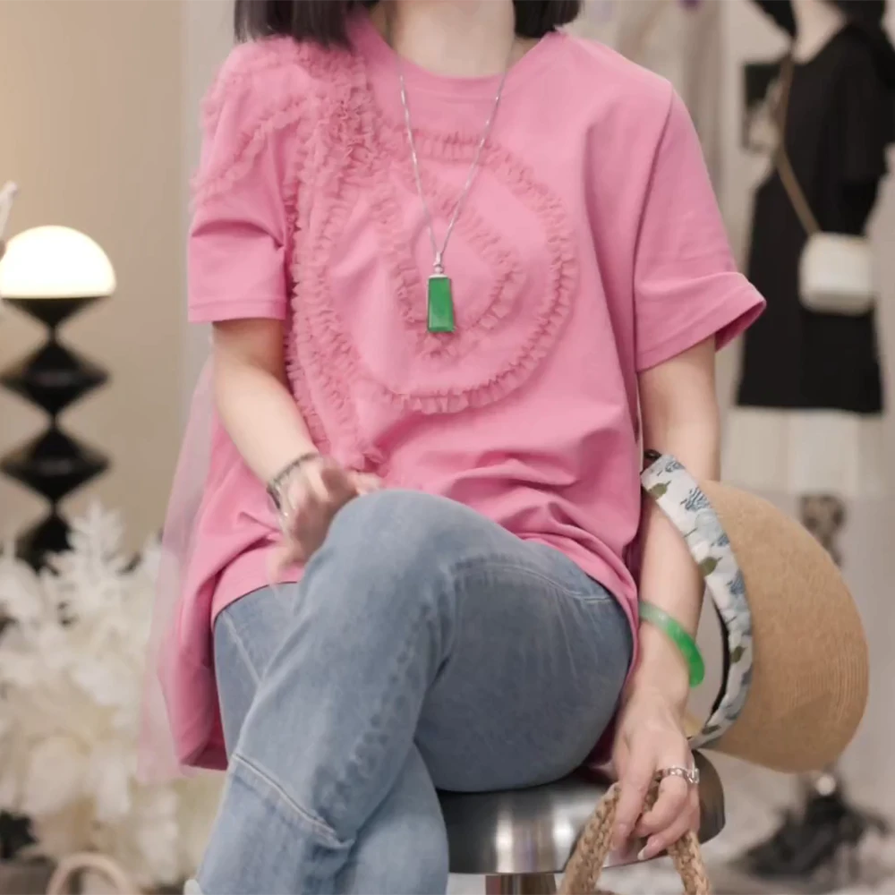 2025夏日出游度假花纹蝴蝶结蕾丝短袖韩版休闲设计感百搭上衣 t