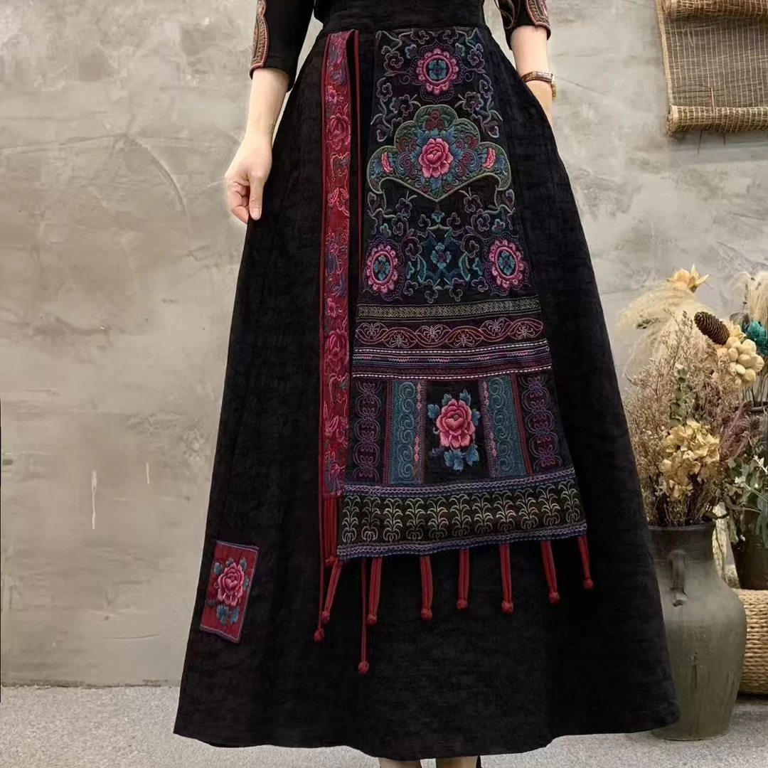 半身裙国风休闲民族风成人时尚复古长款显瘦重工服装刺绣系扣