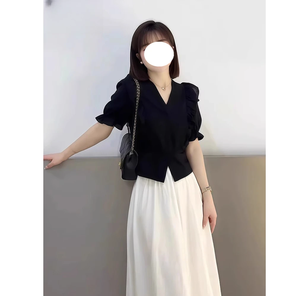 通勤穿搭赫本风~黑色泡泡袖女爆款时髦洋气修身显瘦衬衫