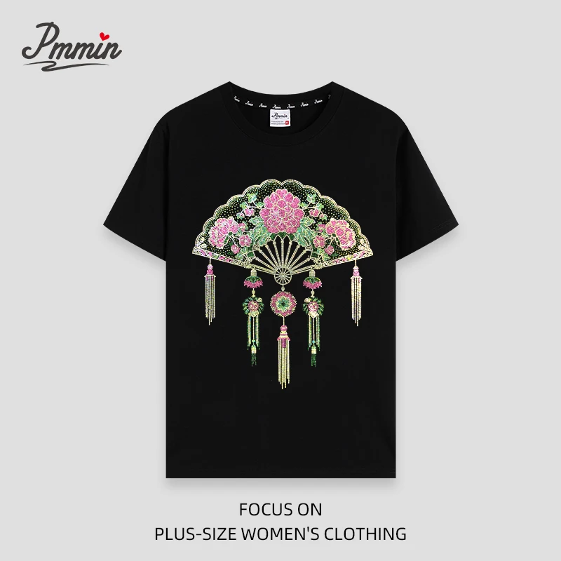 pmmin【扇子】女装大码圆领烫钻短袖T恤 夏季烫钻