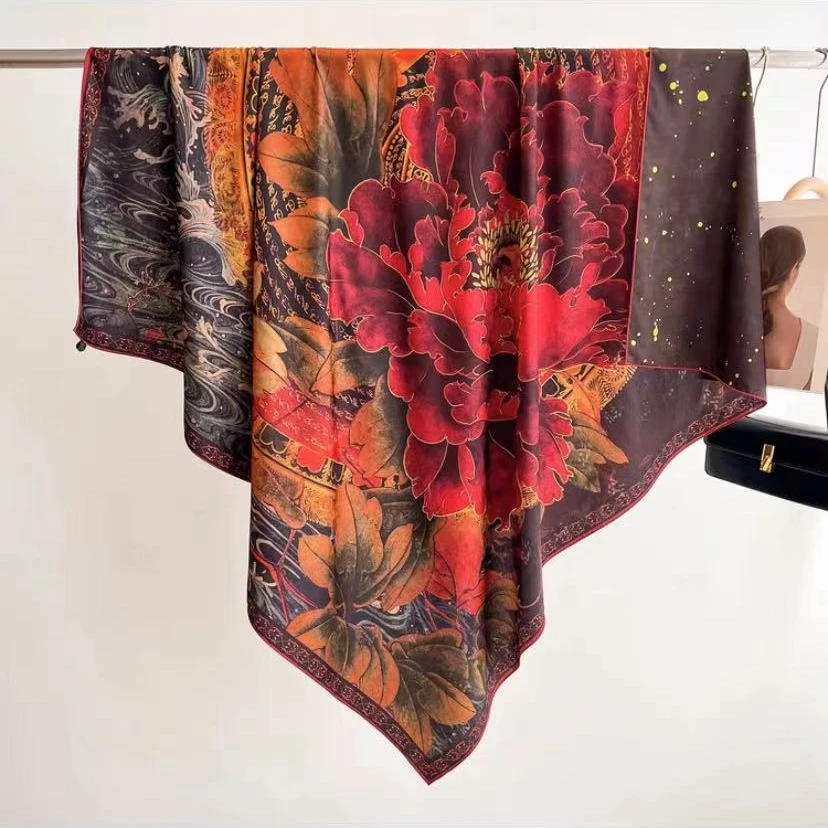 X036 唐卡牡丹 140*140 香云杭萝气质复古披肩围巾丝巾双面双色 X