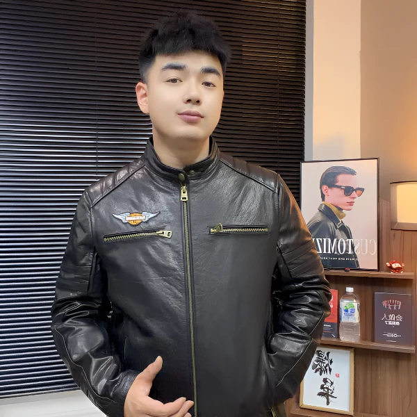沐淋春秋男士立领机车升级雷神飞行刺绣头层牛皮夹克皮衣休闲外套