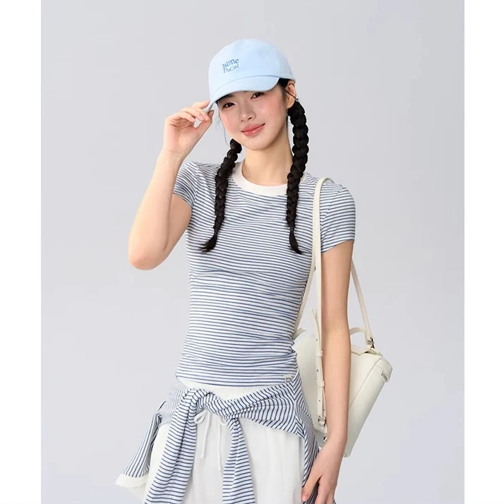 2025年夏季新款蓝色条纹圆领短袖T恤韩系休闲减龄显瘦百搭上衣女