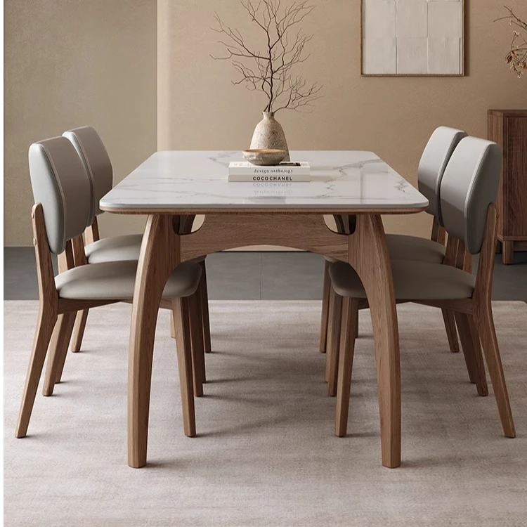 实木餐桌现代简约白蜡木胡桃色岩板餐桌长方形意式小户型饭桌家用