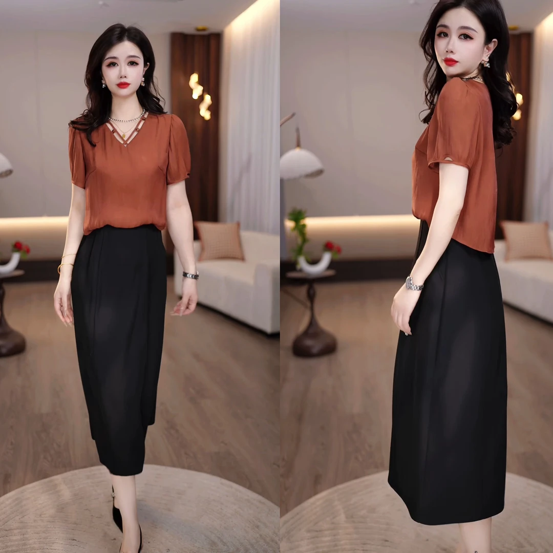 2025夏季新时尚领口设计高腰复古洋气红色假两件连衣裙M-4XL