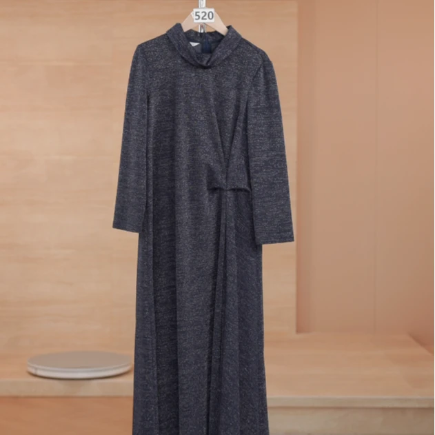 【520】藏青色闪丝质感长袖连衣裙