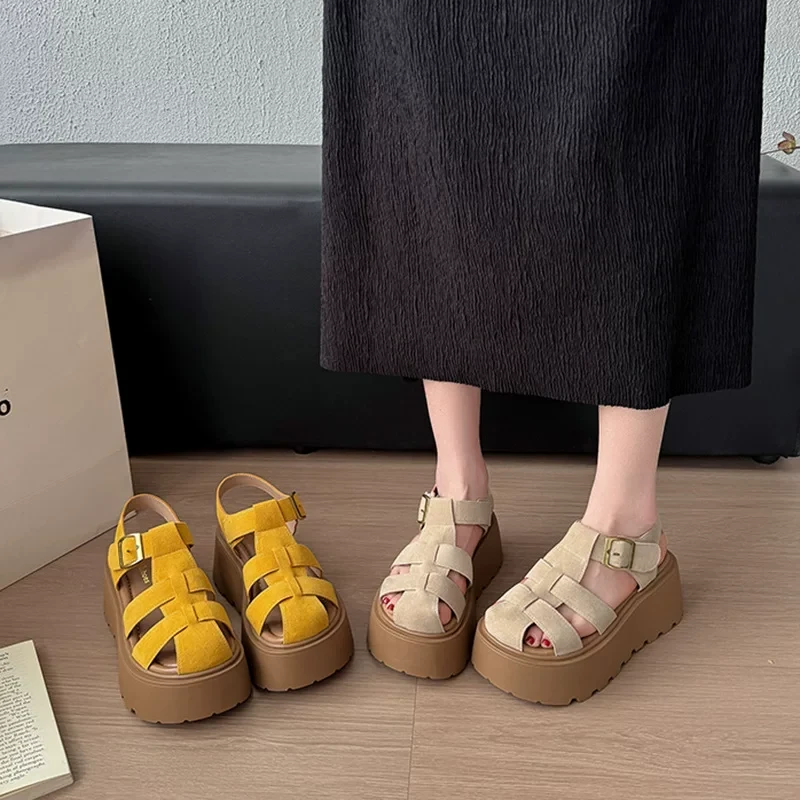 小个子厚底夏季新款时尚增高编织猪笼包头凉鞋2662