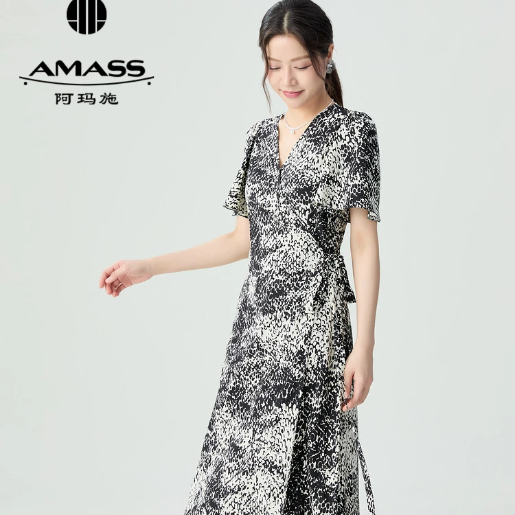 阿玛施夏季复古交襟浪漫法式荷叶裙摆印花长连阿玛施法式连衣裙