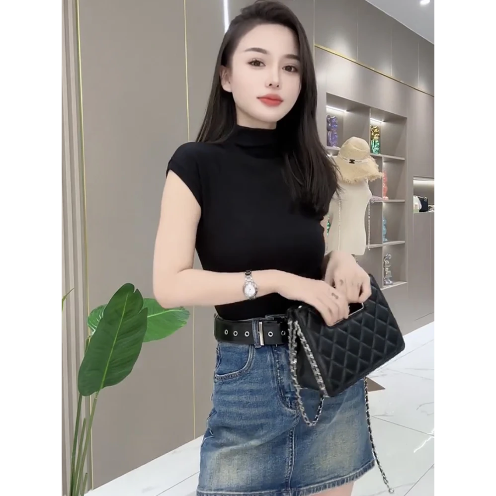 气质弹力半高领t恤女薄款紧身夏季韩版洋气简约收腰修身打底上衣