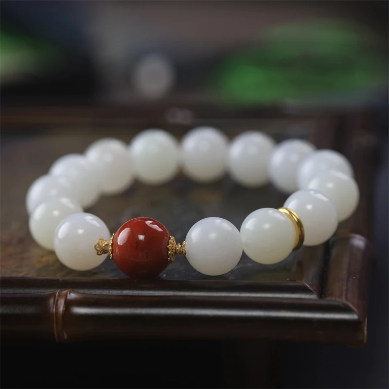 18k精品和田玉羊脂白玉手串/多样性发其一