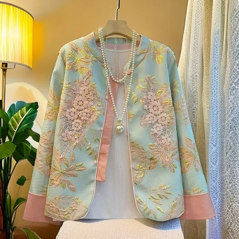 羽沐今年流行春季气质女装显瘦气质短外套新中式提花国风复古外衣