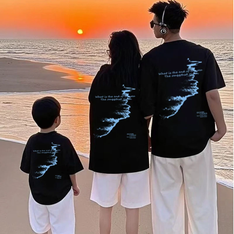 一家三四口亲子装男女儿童夏新爆款棉半短袖t恤旅游亲子拍照衣服