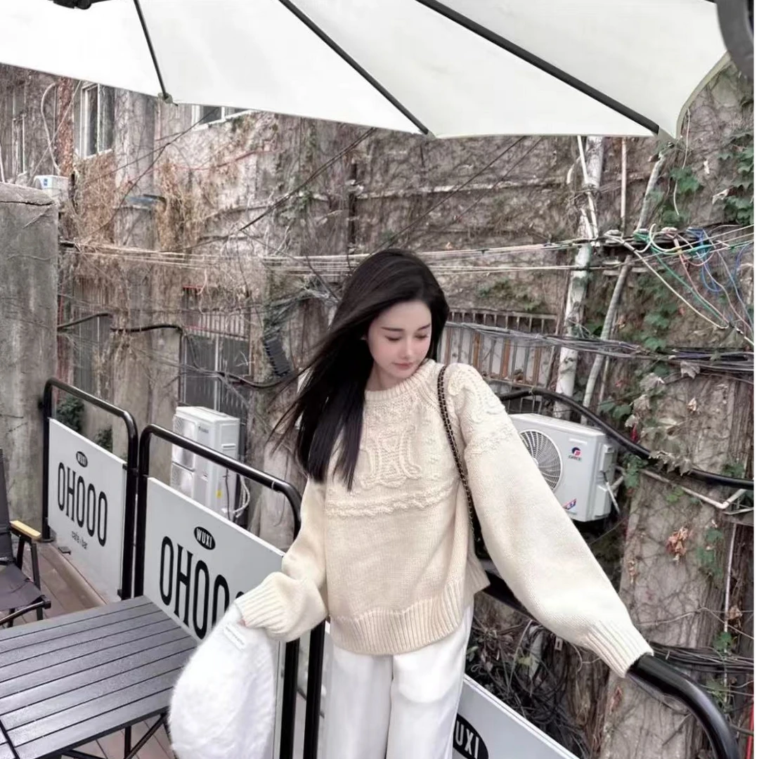 未使用 Celine/思琳 Celine logo绞花纹理毛衣 米色/L