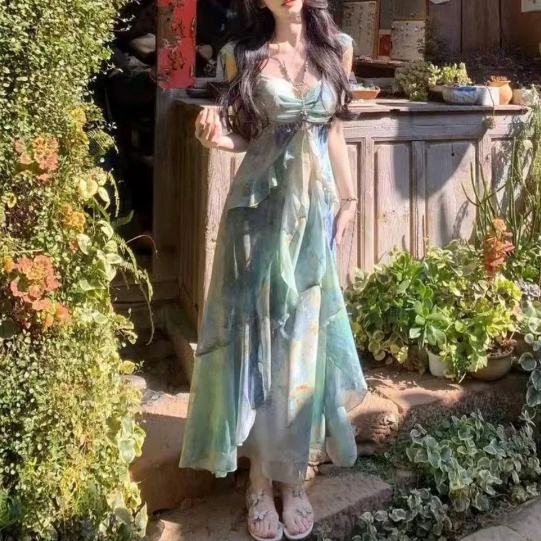 9069 林间浮夏夏季印花吊带气质连衣裙+开衫套装