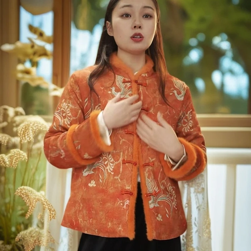 新中式真毛边橘色凤凰加棉长袖复古外套2025新年喜庆国潮拜年服