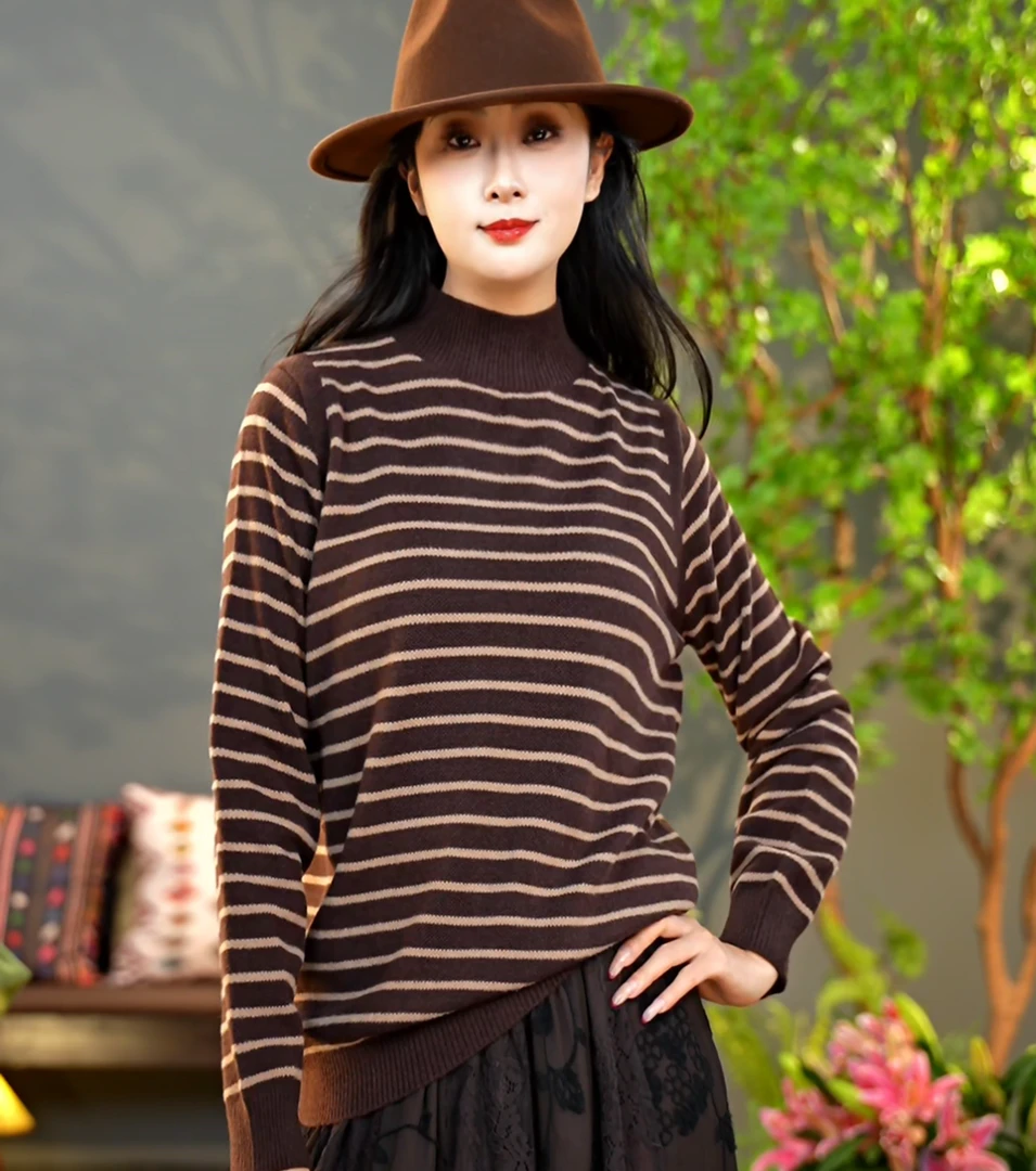 【陶子】秋冬新款条纹半高领套头针织打底衫5123