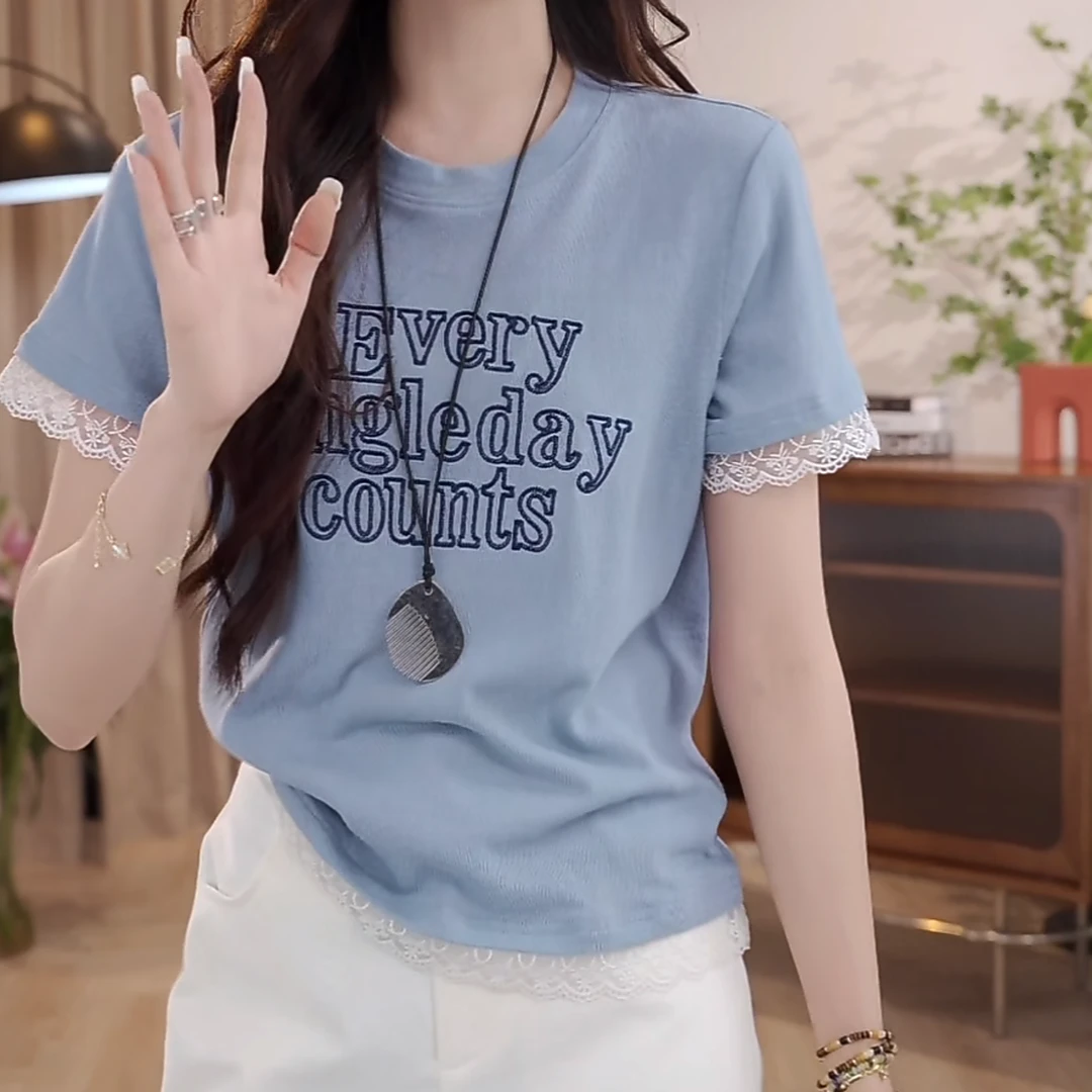 设计感袖子拼接蕾丝上衣女2025新款时尚款洋气夏季正肩短袖t恤