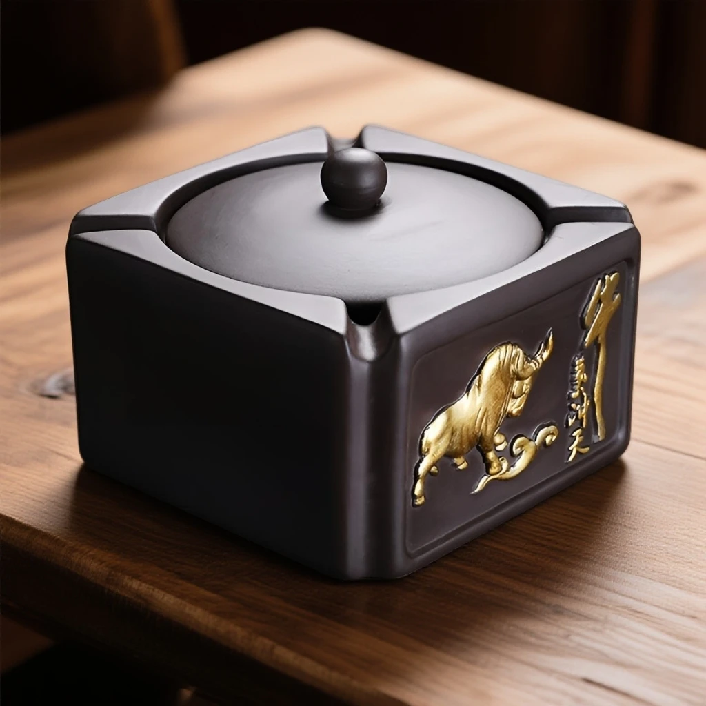 高档金牛密封防尘个性带盖紫砂描金牛家居办公复古烟灰缸家用摆件
