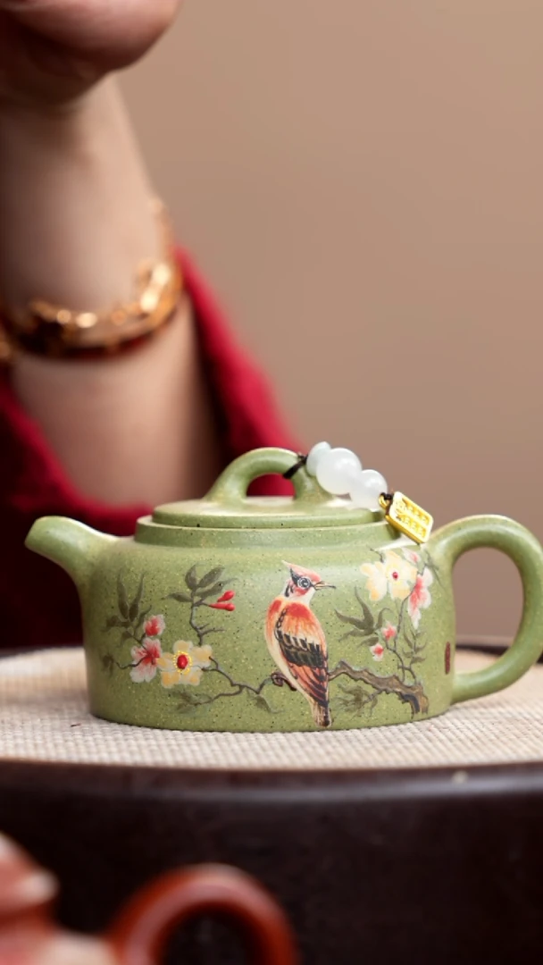 【闪购商品】紫砂茶壶豆青砂曼生井栏泥绘花鸟
