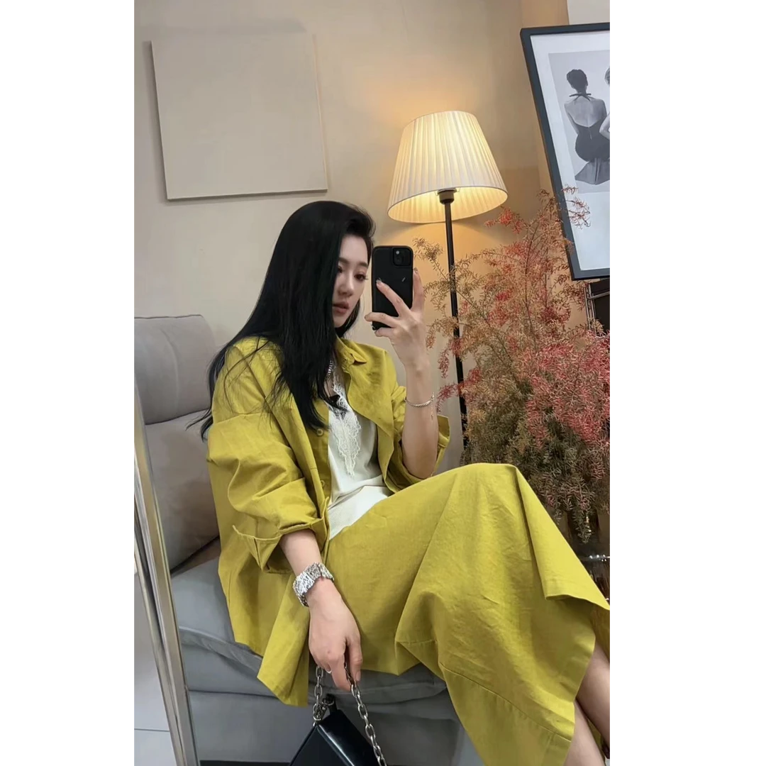 2025夏季大码两件套韩系气质长袖衬衫松紧腰显瘦半身裙套装女