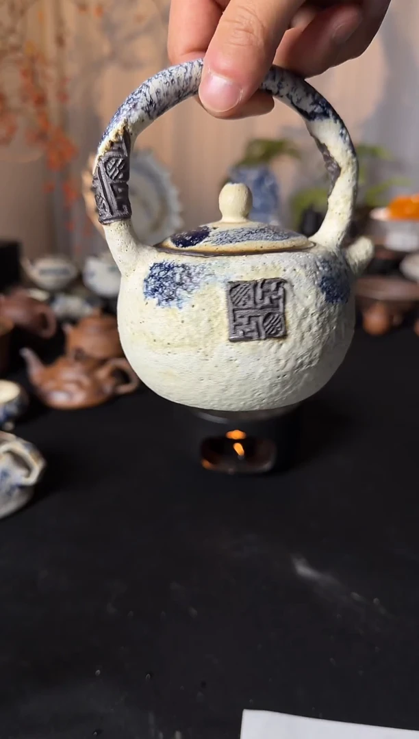 壶陶粉引手工提梁壶