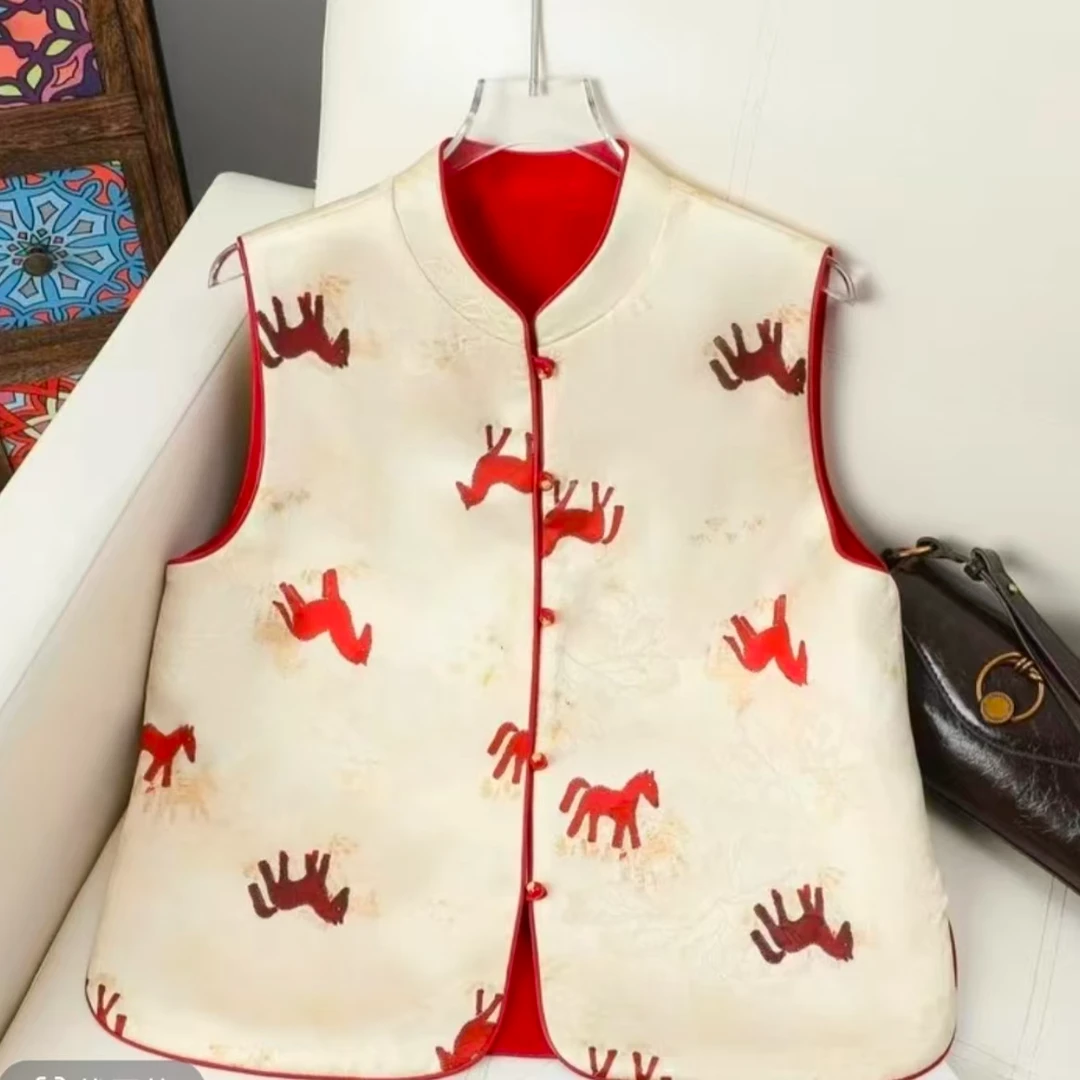 新年流行款本命年花色大红马甲女新中式双面穿坎肩妈妈装春季