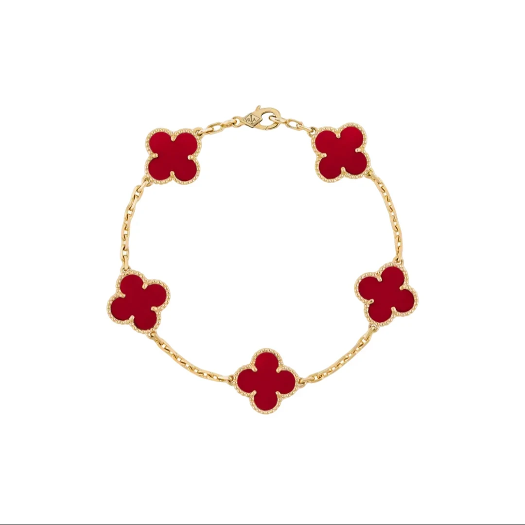 99新 梵克雅宝 红玉髓/白贝母/黑玛瑙/孔雀石五花手链/单链带盒