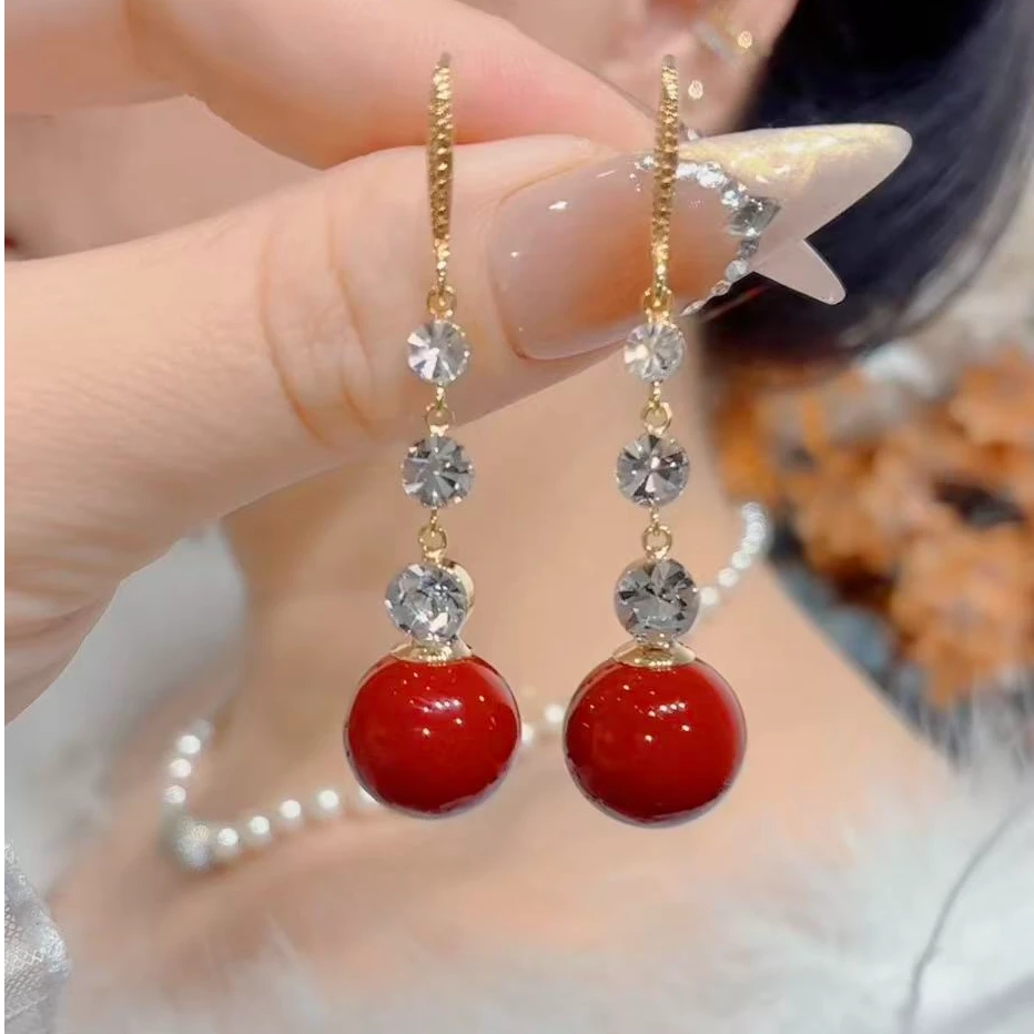 铜合金合成锆石耳饰 时尚气质轻奢时尚百搭复古红色长款素款y001