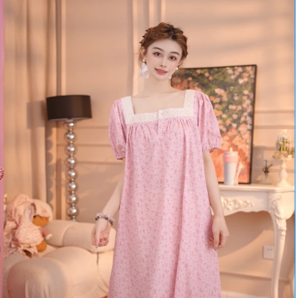 【樱落半夏】睡衣女棉裙子宽松甜美大码时尚碎花睡衣XJ