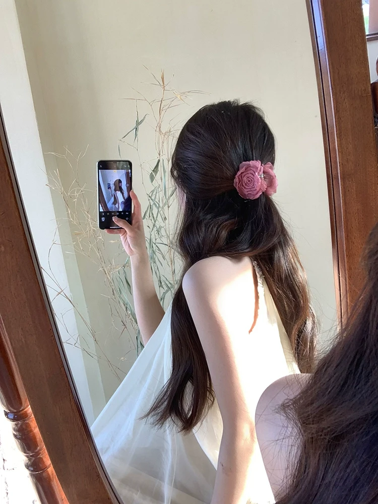森系干枯玫瑰花朵马尾夹2025年新款发夹女后脑勺半扎盘发抓夹发卡