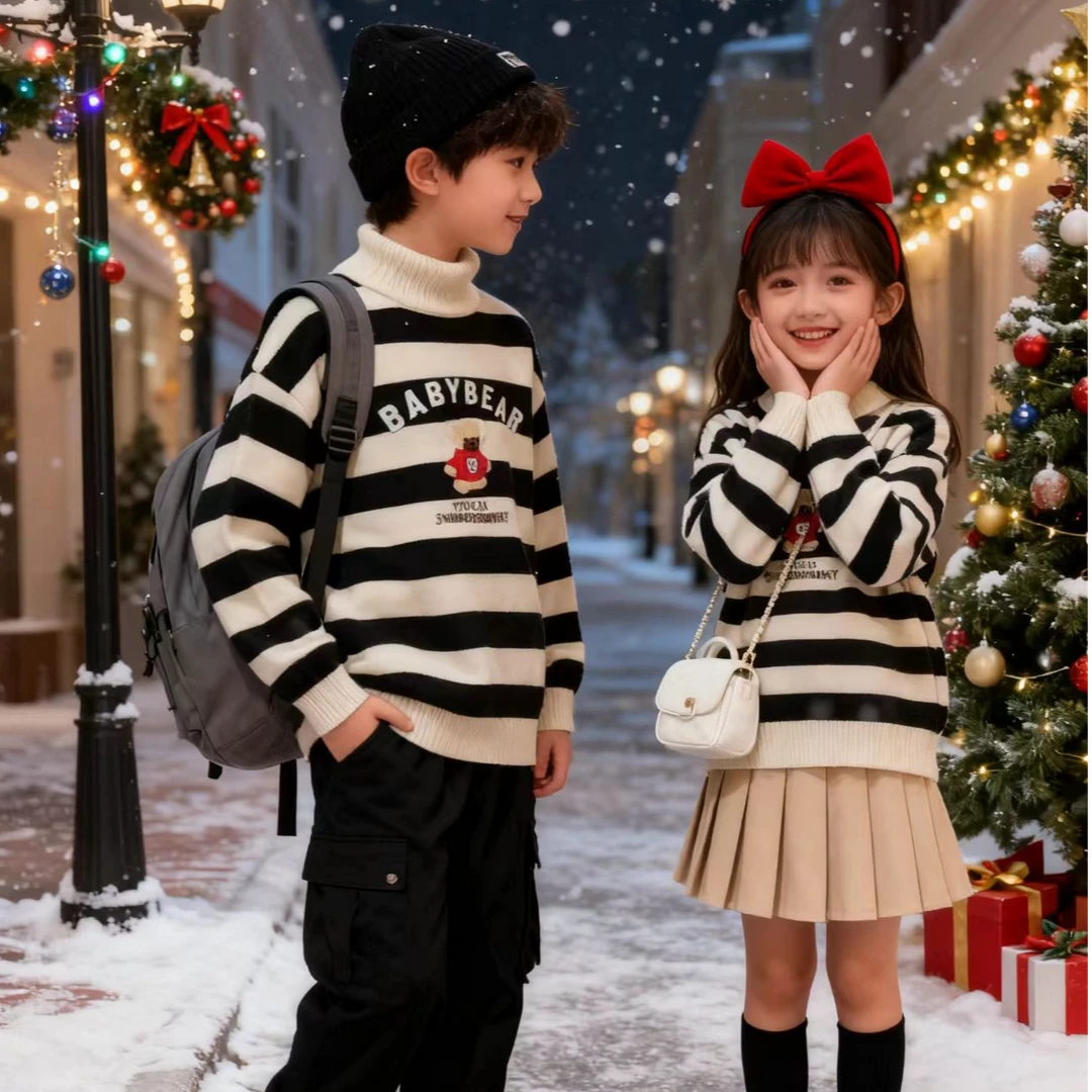 0408黑白黑白条纹毛衣大童秋冬圆领（gyd）