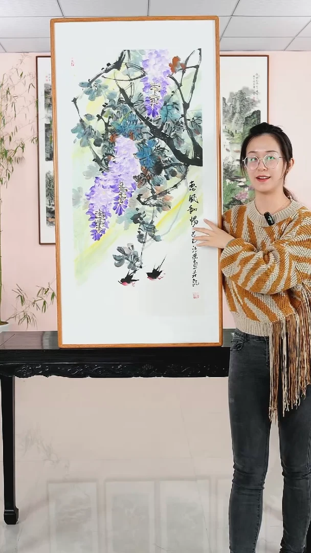 国画汪琼《惠风和畅》纯手绘檀木框122*62厘米