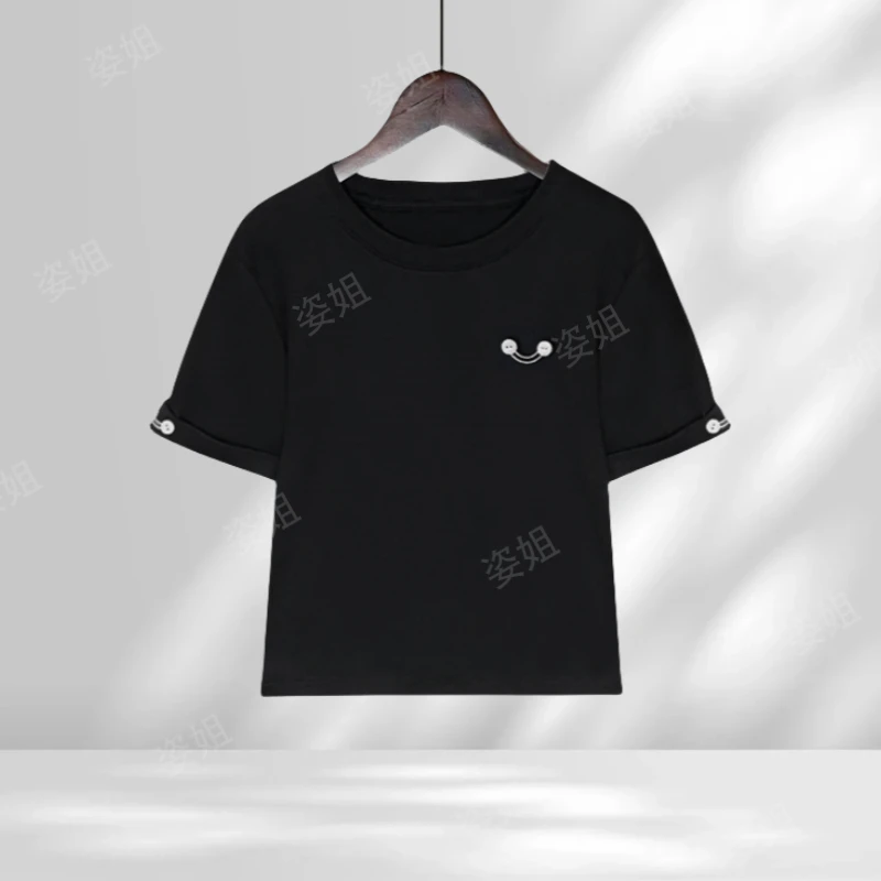 2025夏季短袖T恤百搭休闲时尚洋气上衣新款纽扣笑脸拼接设计感