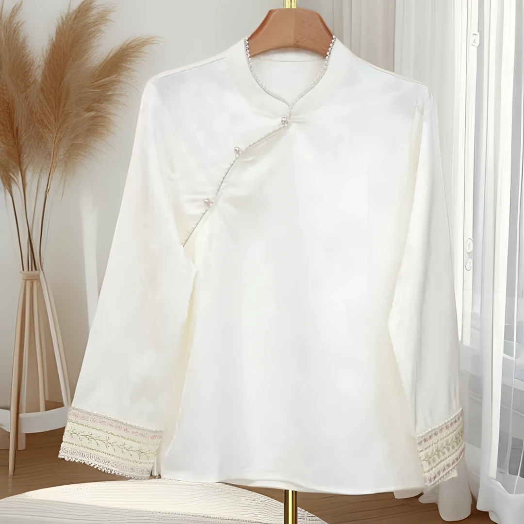 新中式宋锦提花刺绣女装长袖时尚立领斜襟衬衫常规茶服秋冬款